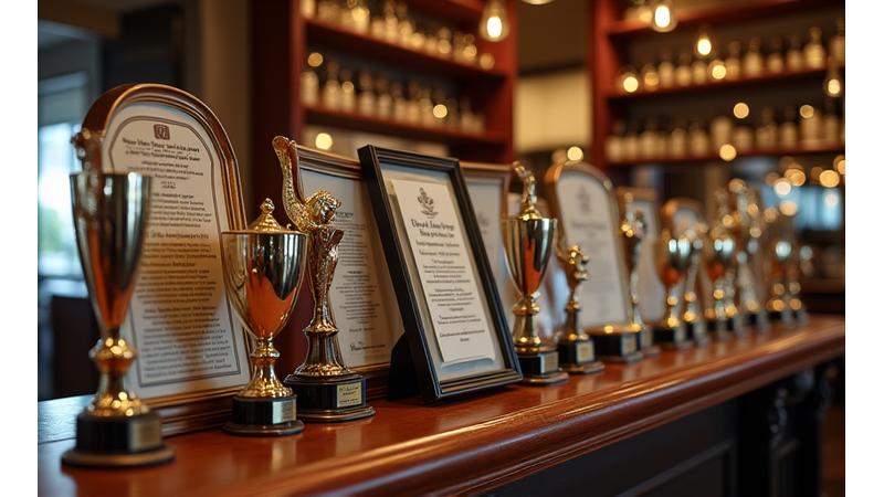 Collection of shiny coffee industry awards and trophies displayed proudly