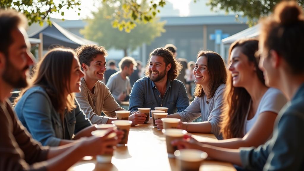 Group of diverse people laughing and enjoying coffee at a community event hosted by Brew & Hearth Collective in Oxford