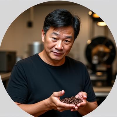 Professional headshot of Michael Chen, co-founder of Brew & Hearth Collective, thoughtfully observing coffee beans