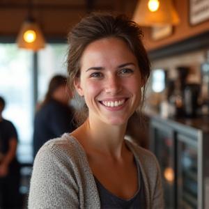 Portrait of Emma, the café manager, warmly greeting a customer