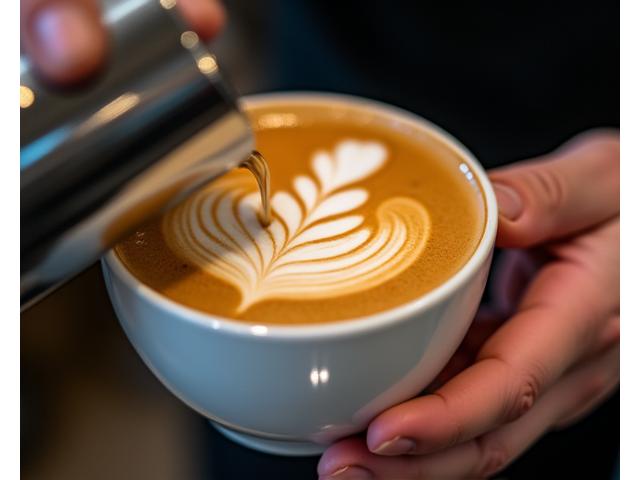 Close-up of a skilled barista pouring latte art into a coffee cup, emphasizing craftsmanship