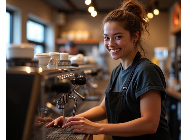 Barista demonstrating coffee brewing technique with a smile