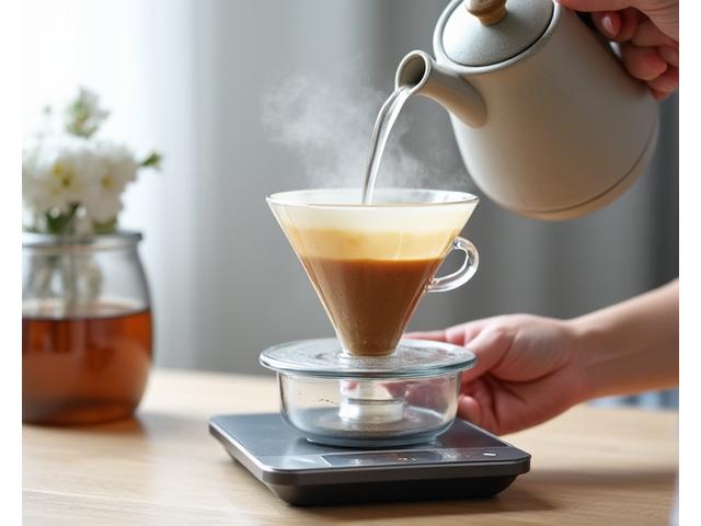 Person performing a pour over coffee brewing technique