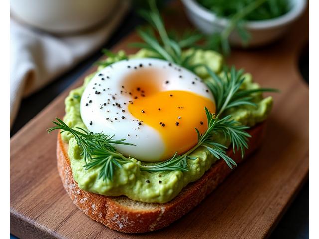Artisan avocado toast with a perfectly poached egg and fresh herbs.