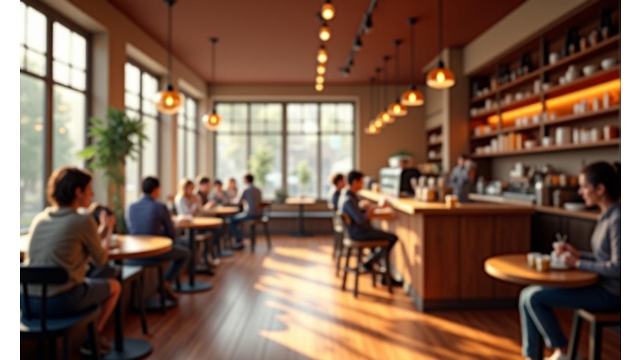 Cozy café interior with warm lighting, people enjoying coffee and pastries, and a barista expertly preparing a drink.