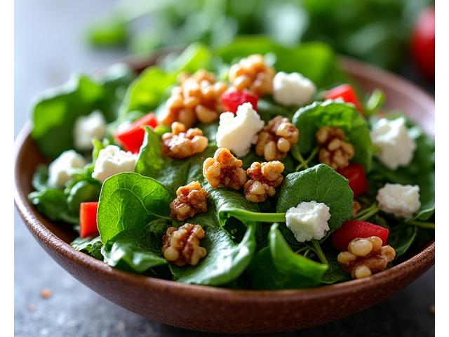 Vibrant mixed green salad with grilled halloumi and cherry tomatoes.