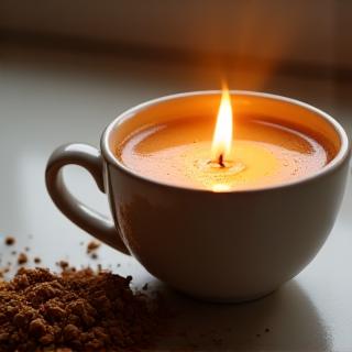 Coffee cup with adaptogenic herbs and subtle glow, indicating wellness benefits.