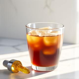 Cold brew coffee with a dropper bottle of CBD oil nearby, indicating infusion.