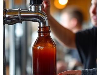 A barista filling a reusable growler with fresh cold brew coffee from a tap.