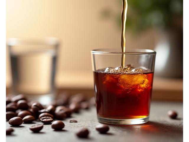 Close-up of a cold brew coffee dripping into a glass vessel, with fresh coffee beans and water nearby, illustrating the extraction process.