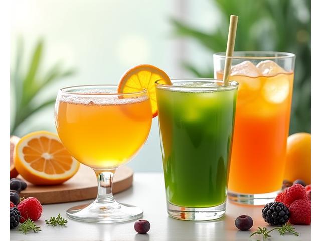 Assortment of healthy beverages including kombucha, fresh-pressed juice, and herbal tea, artfully arranged.