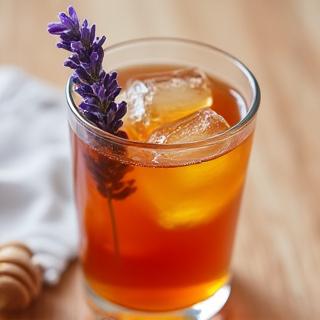 Lavender and honey cold brew in a glass with fresh lavender sprigs.