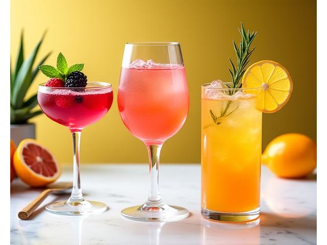 Colorful artisan mocktails and house-made sodas in elegant glassware, garnished with fresh fruit and herbs.