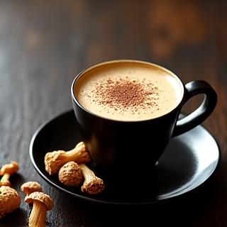 Beverage with frothy top, decorated with dried mushrooms like reishi and chaga.