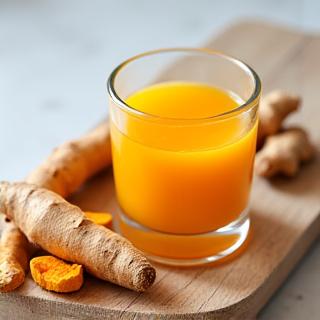 Turmeric and ginger shot in a small glass with fresh turmeric and ginger roots.