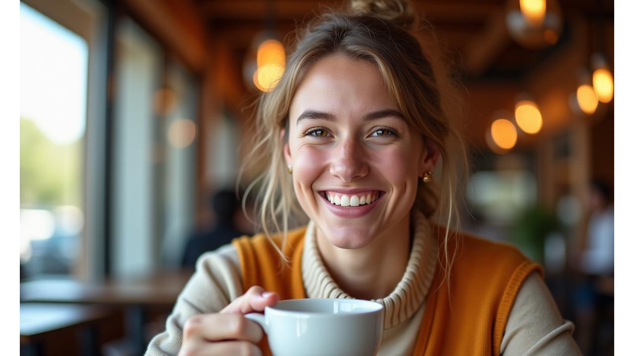 Smiling customer enjoying coffee at Brew & Hearth Collective, looking satisfied