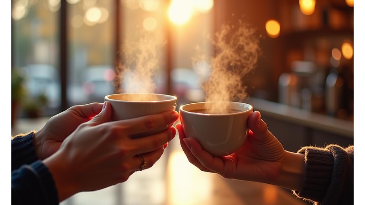Hands holding coffee cups, symbolizing connection and community at Brew & Hearth Collective