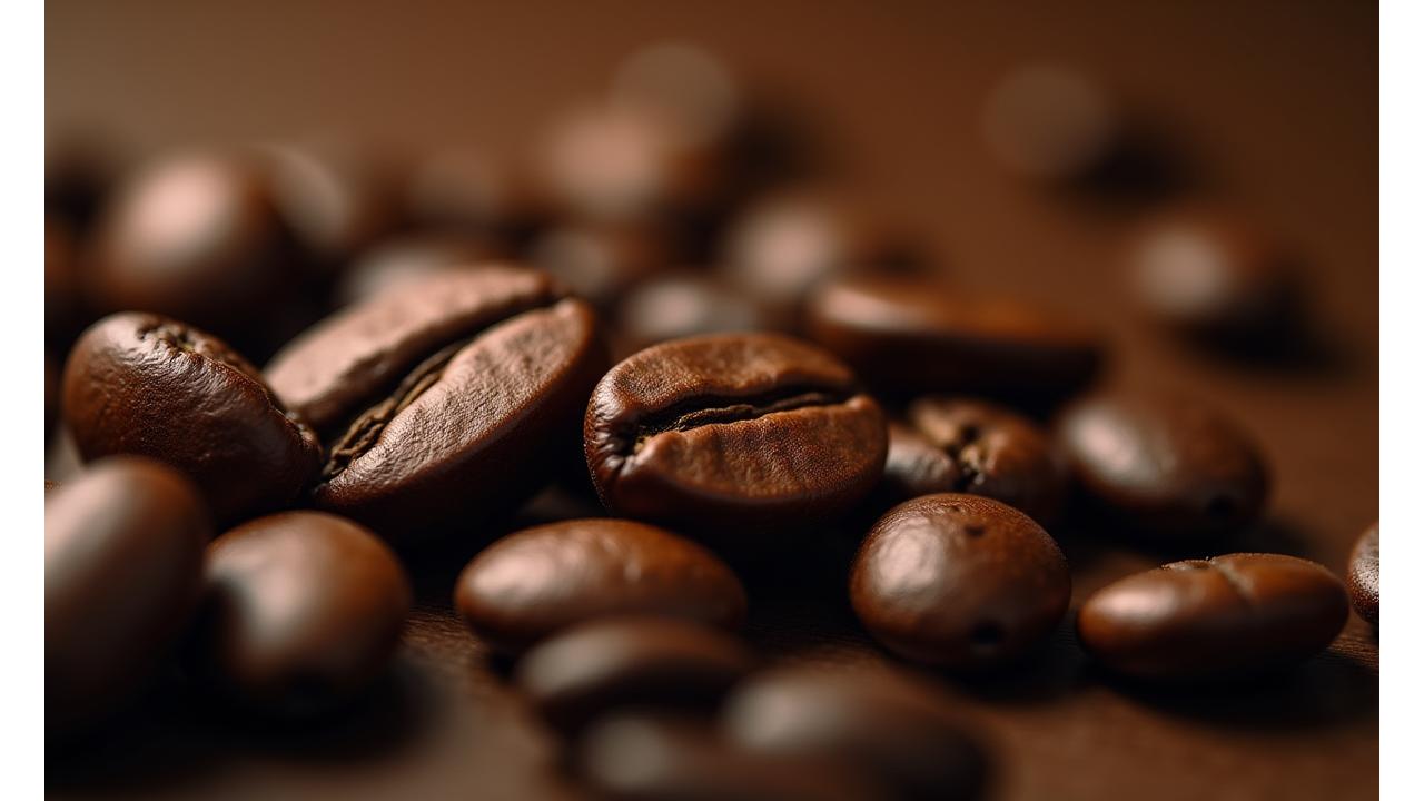Close-up of perfectly roasted coffee beans, gleaming with oils