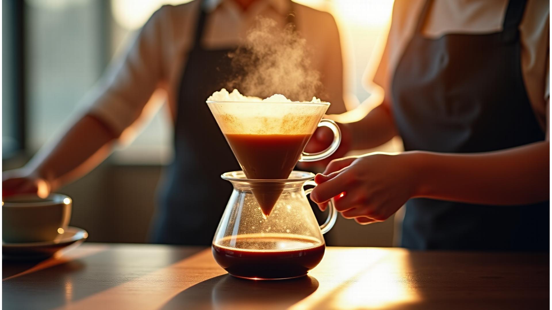 Close-up of a slow pour-over coffee being brewed, steam rising, warm ambient light, creating an inviting café atmosphere.
