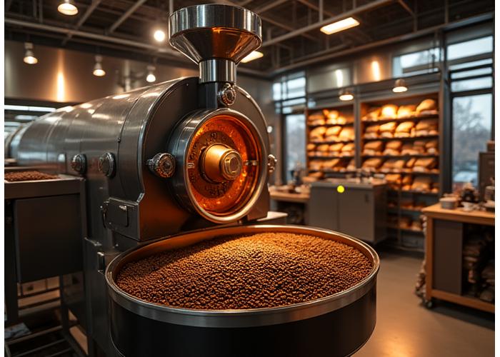 Large, polished coffee roaster in operation, glowing with internal heat, with bags of green coffee beans nearby.