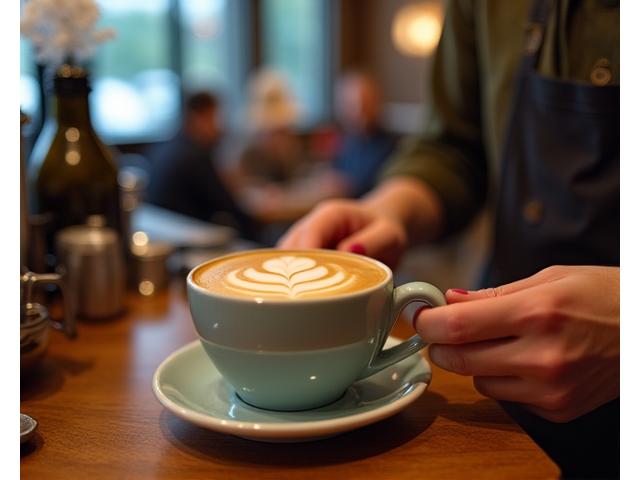 A barista skillfully pouring latte art into a ceramic cup in a bustling, inviting cafe environment