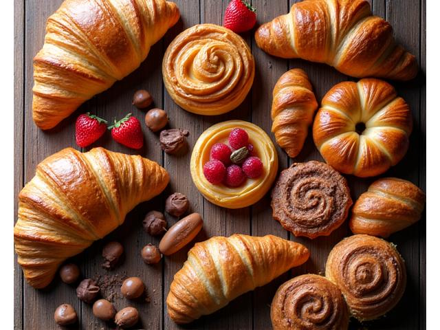 An array of freshly baked artisan pastries, including croissants, pain au chocolat, and tarts, on a rustic wooden table