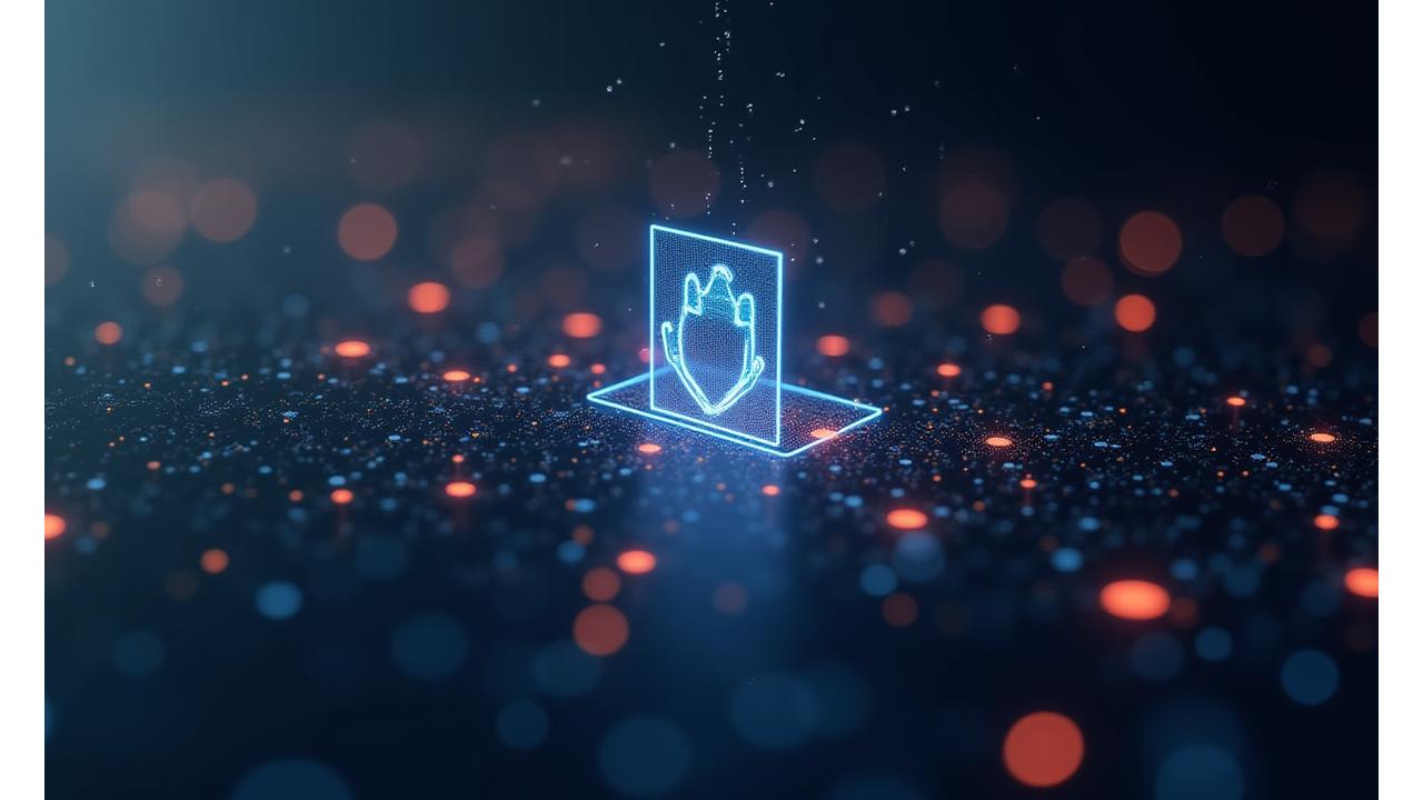 Abstract image representing data security and privacy, with intertwining lines forming a shield over digital information.