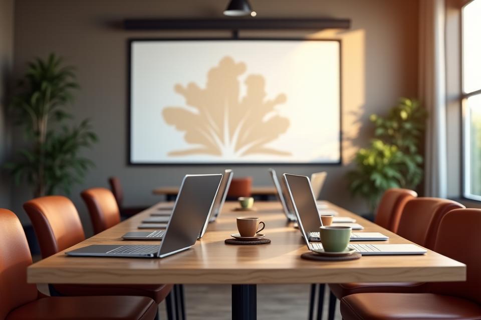 Modern professional setup for a corporate meeting in a café, with laptops, coffee cups, and projection screen
