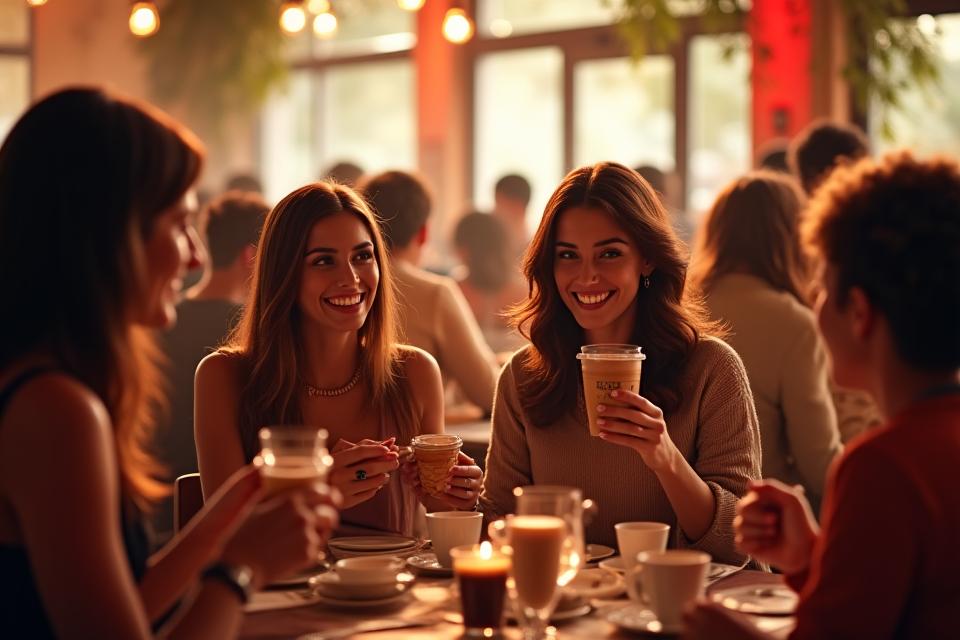 Lively social event in a cafe setting, with people conversing, holding drinks, and enjoying the ambiance