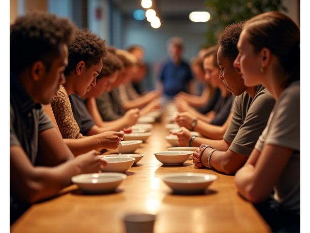 People participating in a coffee cupping session, smelling and tasting coffee