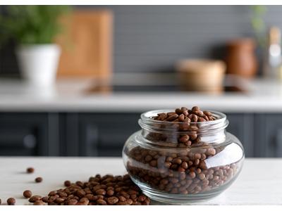 Medium roasted Colombian Supremo coffee beans in a glass jar, showcasing their consistent size and inviting brown color.