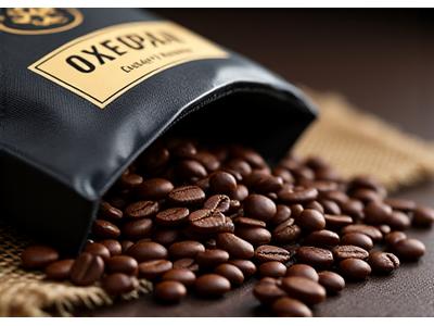 Bag of Brew & Hearth 'Oxford Scholar' blend with rich, dark roasted coffee beans spilling out onto a burlap sack.