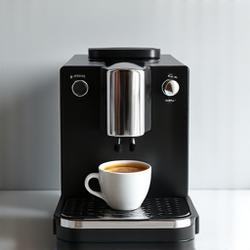 Compact, professional home espresso machine with steam wand and portafilter, brewing a shot into a small cup.