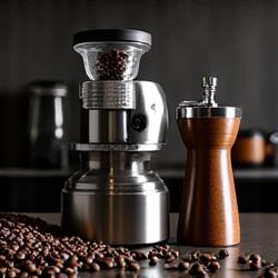 High quality electric burr coffee grinder with whole beans in its hopper, alongside a manual hand grinder.