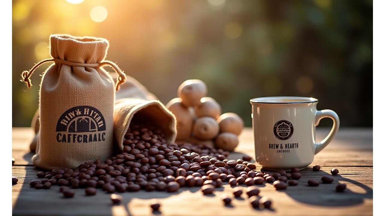 Assortment of freshly roasted coffee beans, artisan brewing equipment like a Chemex and V60, and a Brew & Hearth branded mug on a rustic wooden table with soft, inviting lighting.