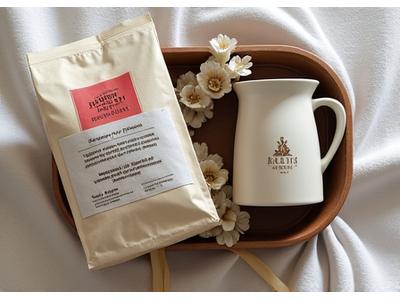Elegantly packaged Brew & Hearth gift set with a coffee bag, a small Moka pot, and a branded mug, tied with ribbon.