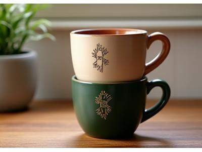 Brew & Hearth branded ceramic coffee mugs in different earthy tones, neatly stacked on a wooden shelf.