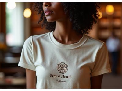 Fashionable model wearing a Brew & Hearth branded organic cotton t-shirt in a café setting, illustrating comfort and style.