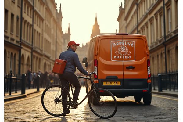 A delivery van with Brew & Hearth logo making a delivery in a charming Oxford street setting.