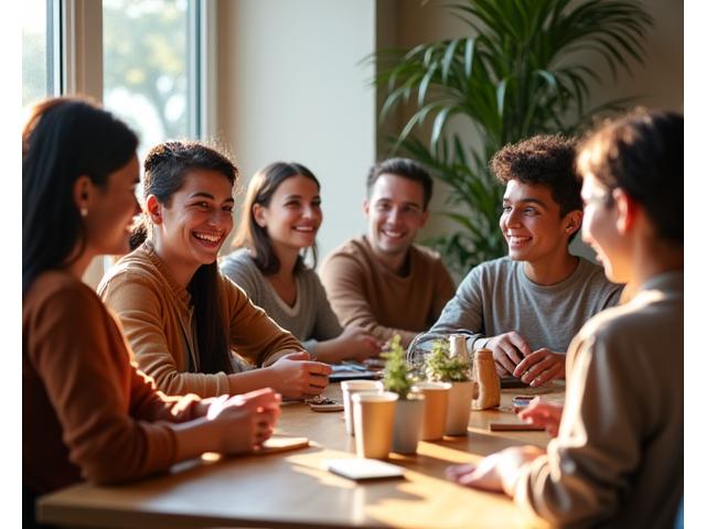 Group of people attending a sustainability workshop in a bright cafe, learning about coffee waste
