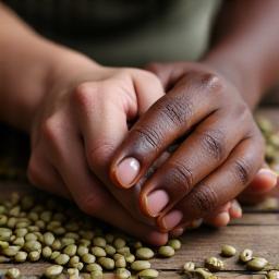 Hands shaking over coffee beans, symbolizing direct trade