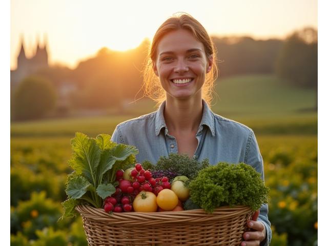Local farmer happily showing fresh produce in a field, with Oxford landmarks in background