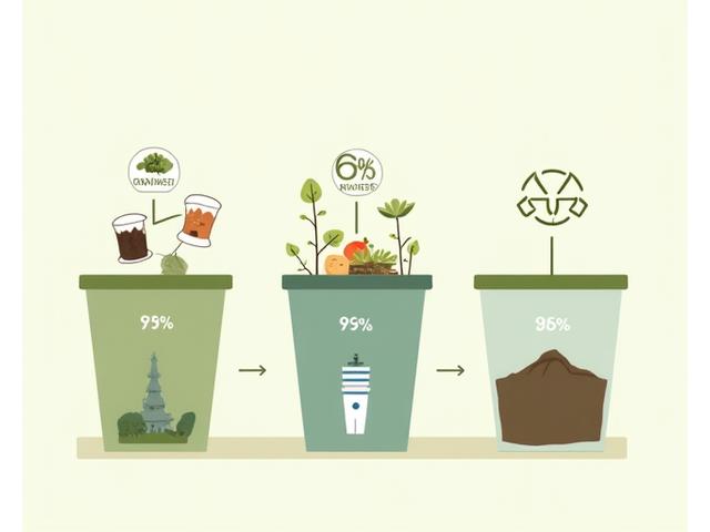 Infographic showing waste segregation bins for composting, recycling, and landfill with percentages