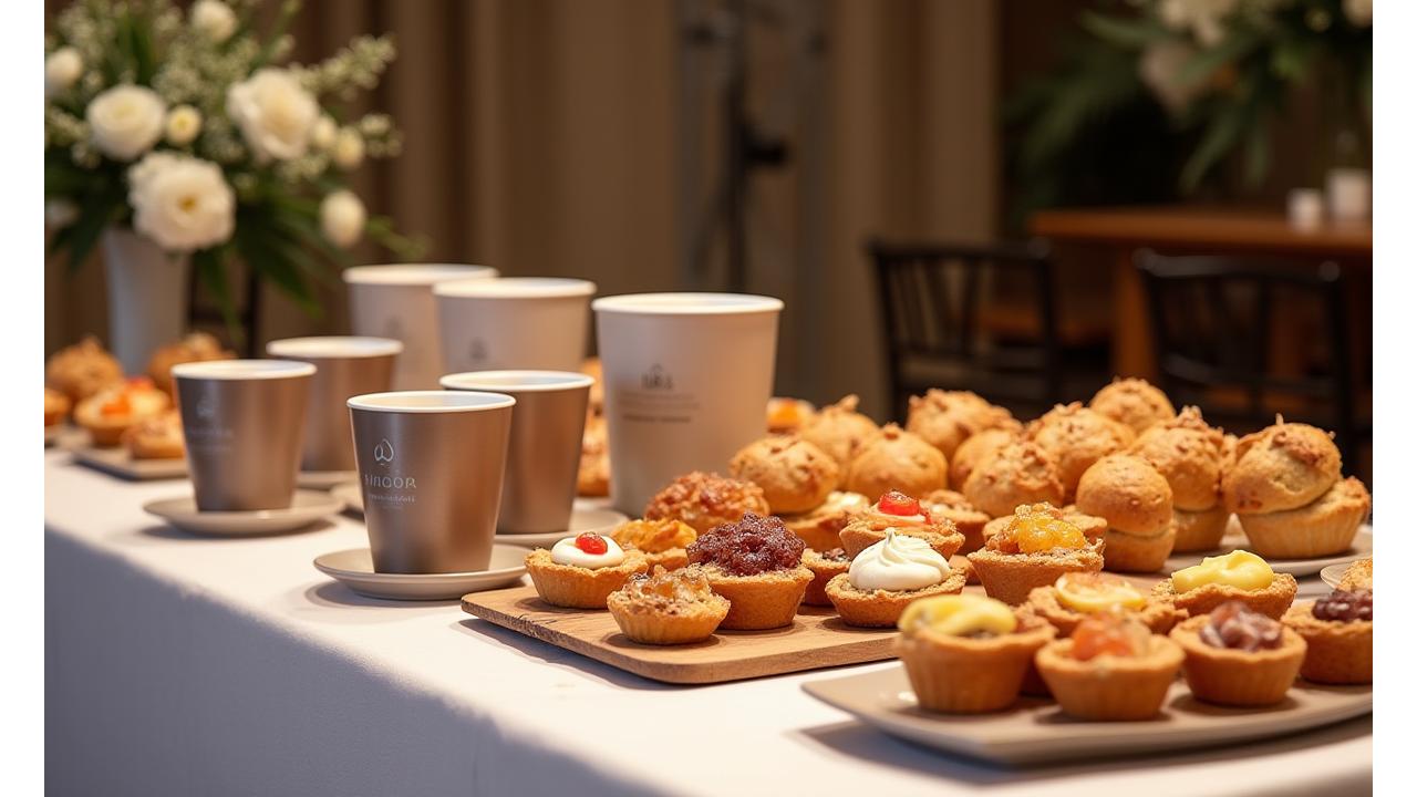 Professionally arranged coffee and pastry catering setup for an event, featuring Brew & Hearth Collective's offerings.