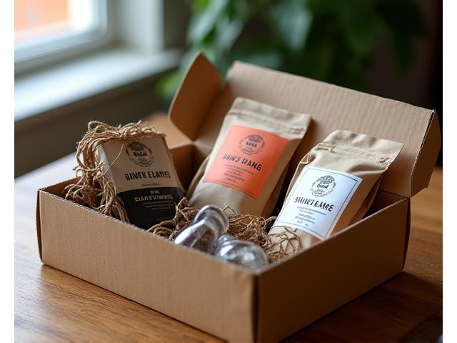 Artisan coffee beans and brewing equipment neatly packaged for online delivery from Brew & Hearth Collective.