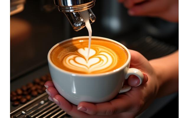 A barista creating intricate latte art while demonstrating to students.