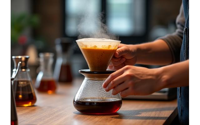 A hands-on coffee brewing class with participants learning pour-over technique.