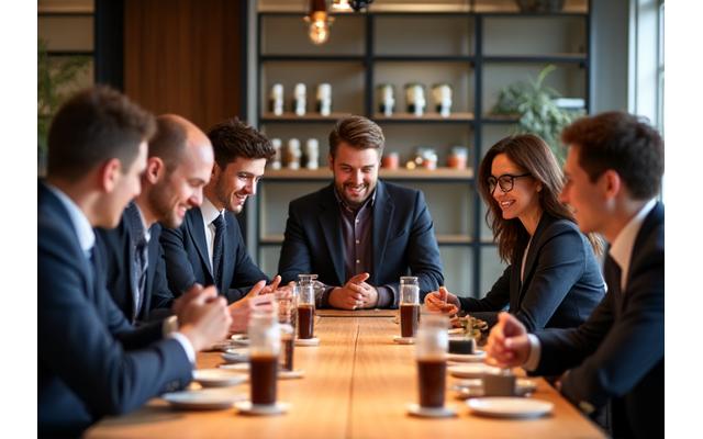 A diverse group of colleagues engaging in a coffee tasting and discussion in a modern event space.