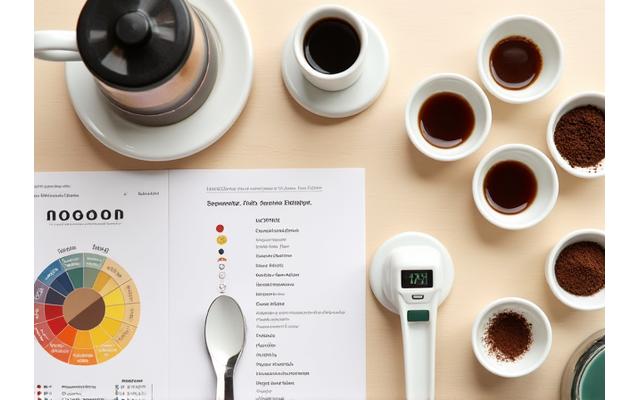A coffee cupping table with multiple bowls of coffee, spoons, and a flavor wheel.