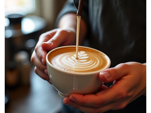 A barista demonstrating latte art technique with precision